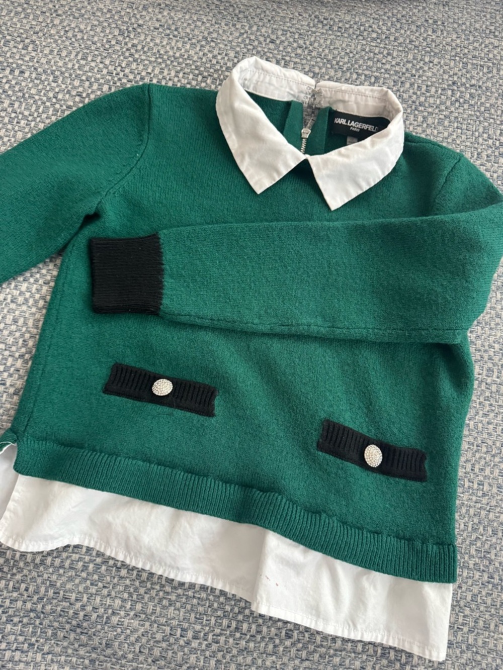 Karl Lagerfeld Emerald Green Knit Sweater with White Collar and Black Accents